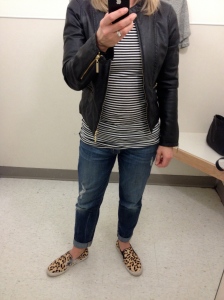 stripes, biker jacket, boyfriend jeans and animal print shoes
